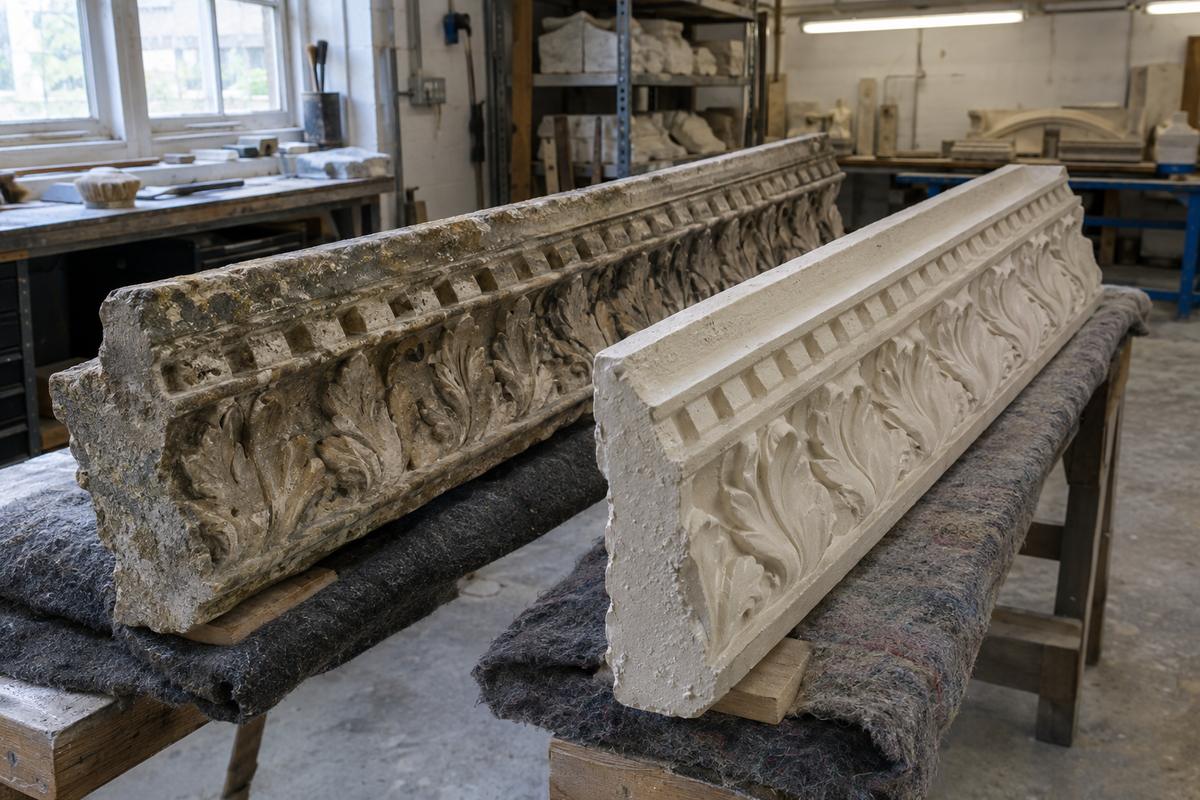 Original cornice detail compared with a direct cast showing matched weathering