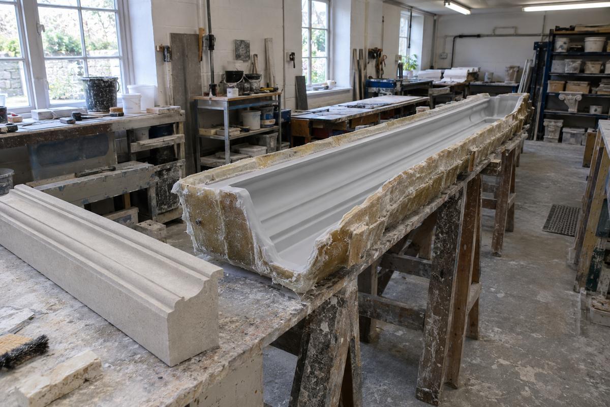 Cornice silicone mould supported in a rigid mother mould beside trial casting