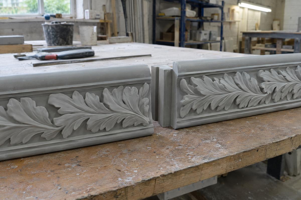 Cornice tooling break positioned within a recessed shadow band