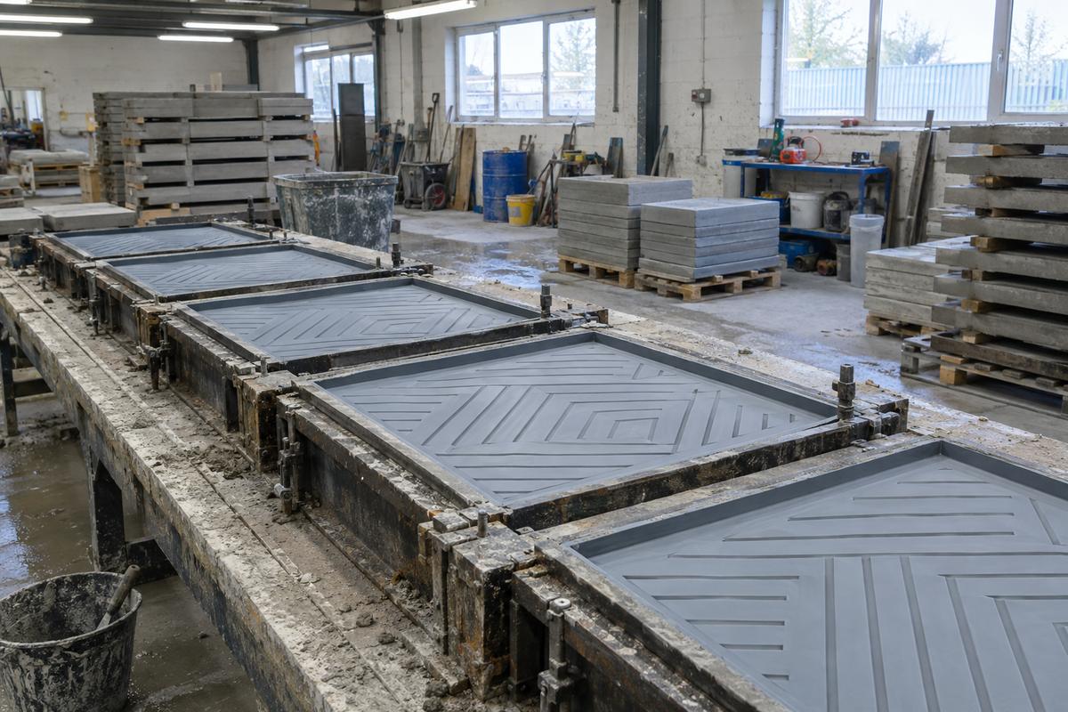 Row of paving moulds fitted with matching geometric relief liners