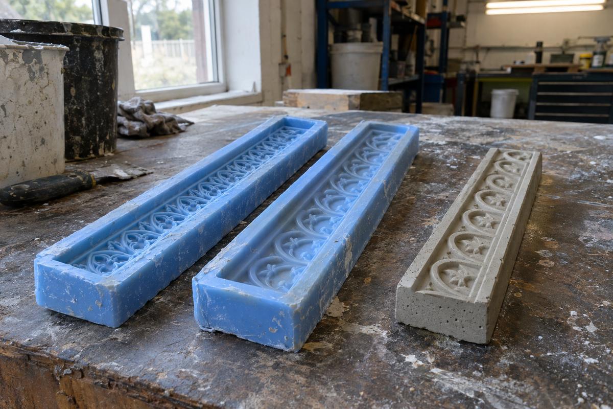 Silicone sample mould strips and concrete test piece comparing detail and release