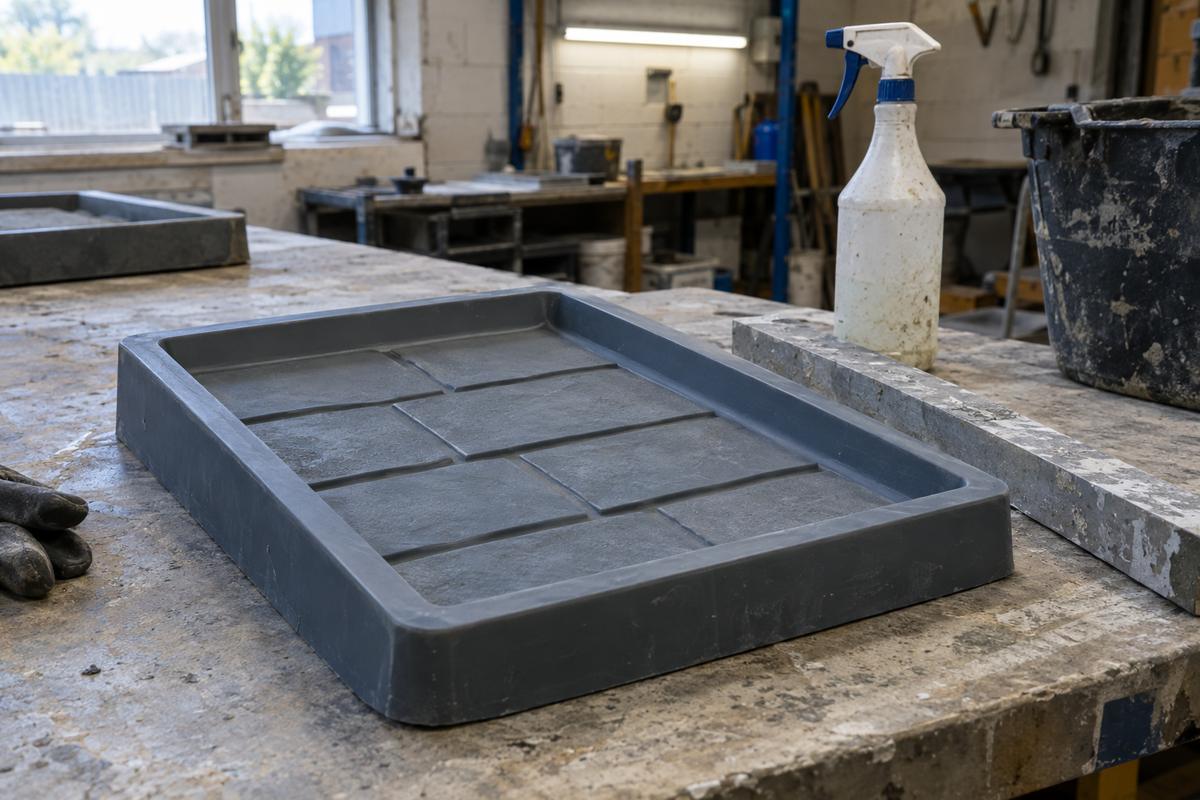 Silicone paving relief tool showing drafted sides and rounded corners on casting bench