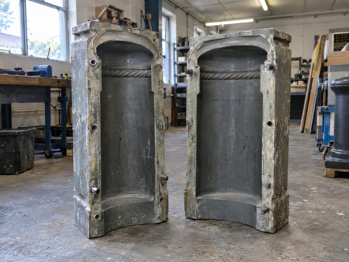Two matched split bollard moulds for mooring-post shaped precast castings