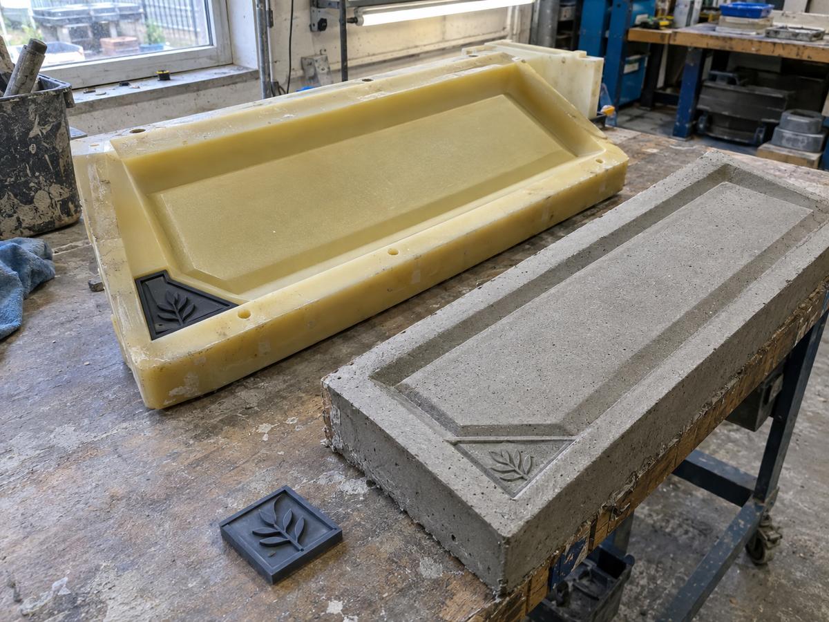 Polyurethane bench-end liner with small silicone detail insert and cast sample