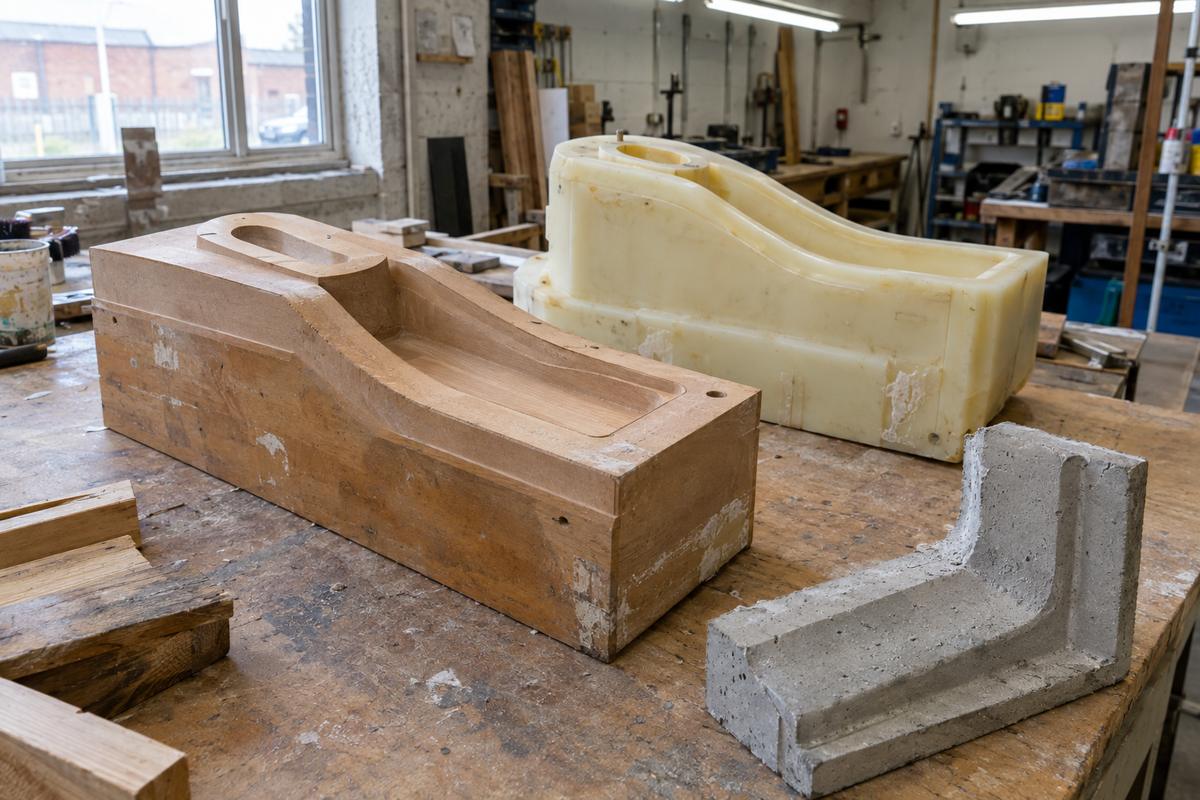 Bench-end master pattern with removable oval insert module beside trial cast
