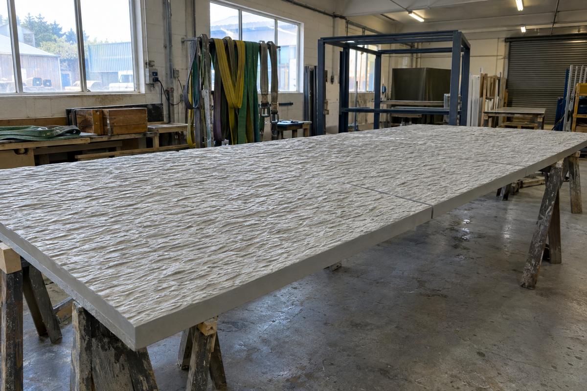 Large textured silicone formliner sections aligned for a wall panel