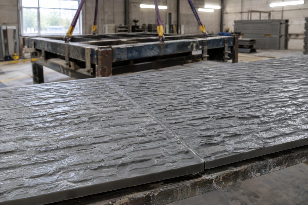 Close view of aligned splice between textured silicone formliner sections