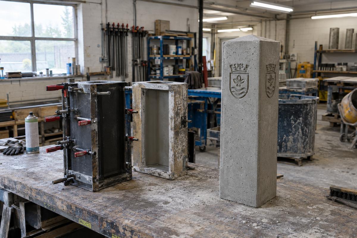 Finished concrete bollard beside mould parts in a precast workshop