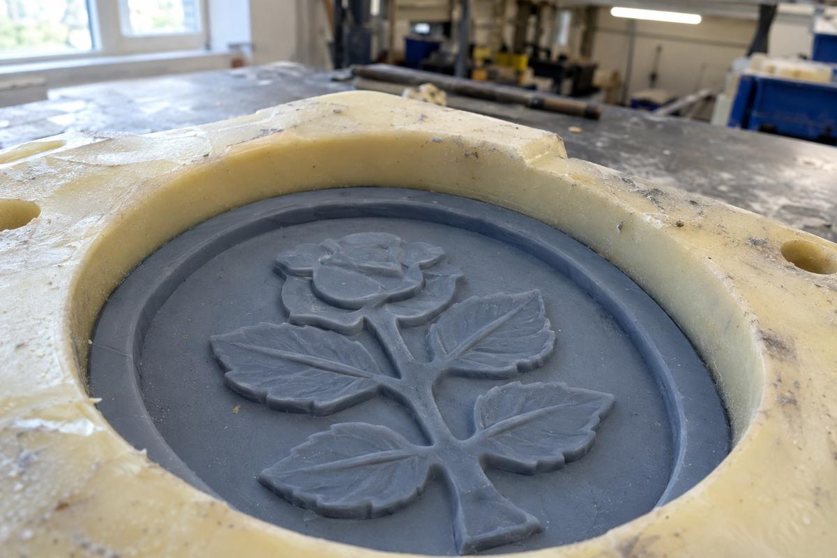 Close view of silicone emblem insert set in polyurethane mould body