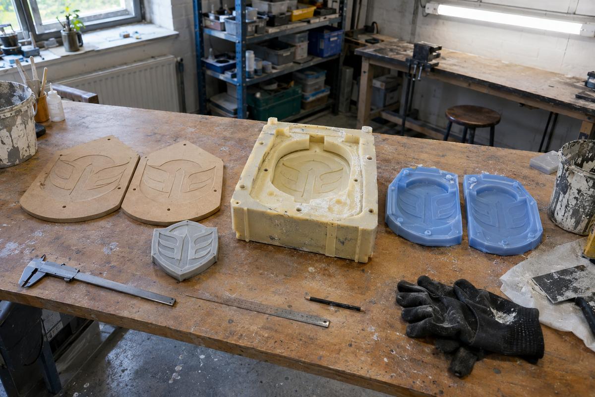 Pattern, sample cast and two-material bollard mould laid out on bench