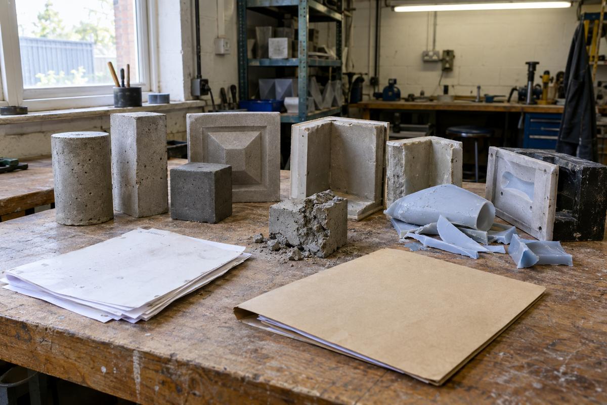 Anonymous project samples and mould fragments arranged on a workshop bench