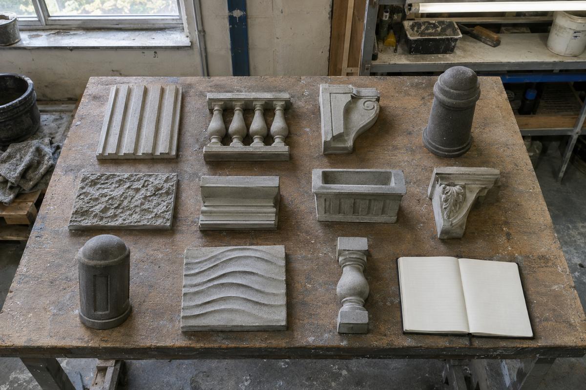 Grid of varied concrete tooling samples on a worn workbench