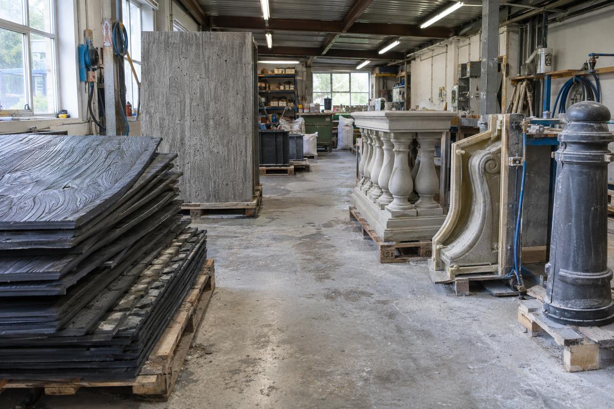 Different concrete tooling types arranged across one small workshop