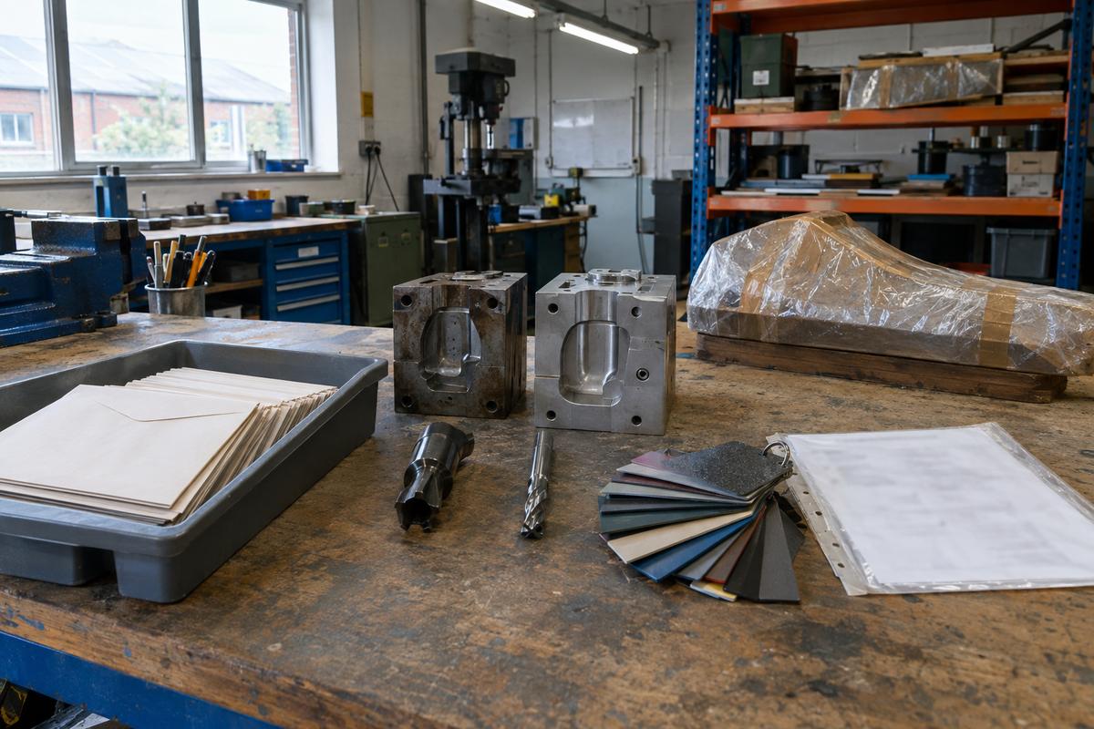 Workshop scene showing sample materials, tooling options and stored pattern