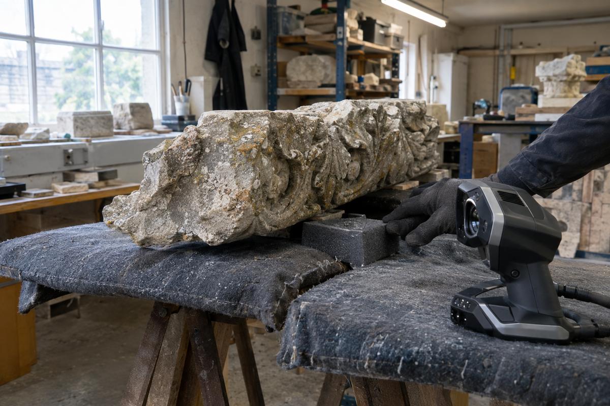 Fragile stone detail prepared for non-contact 3D scanning in workshop