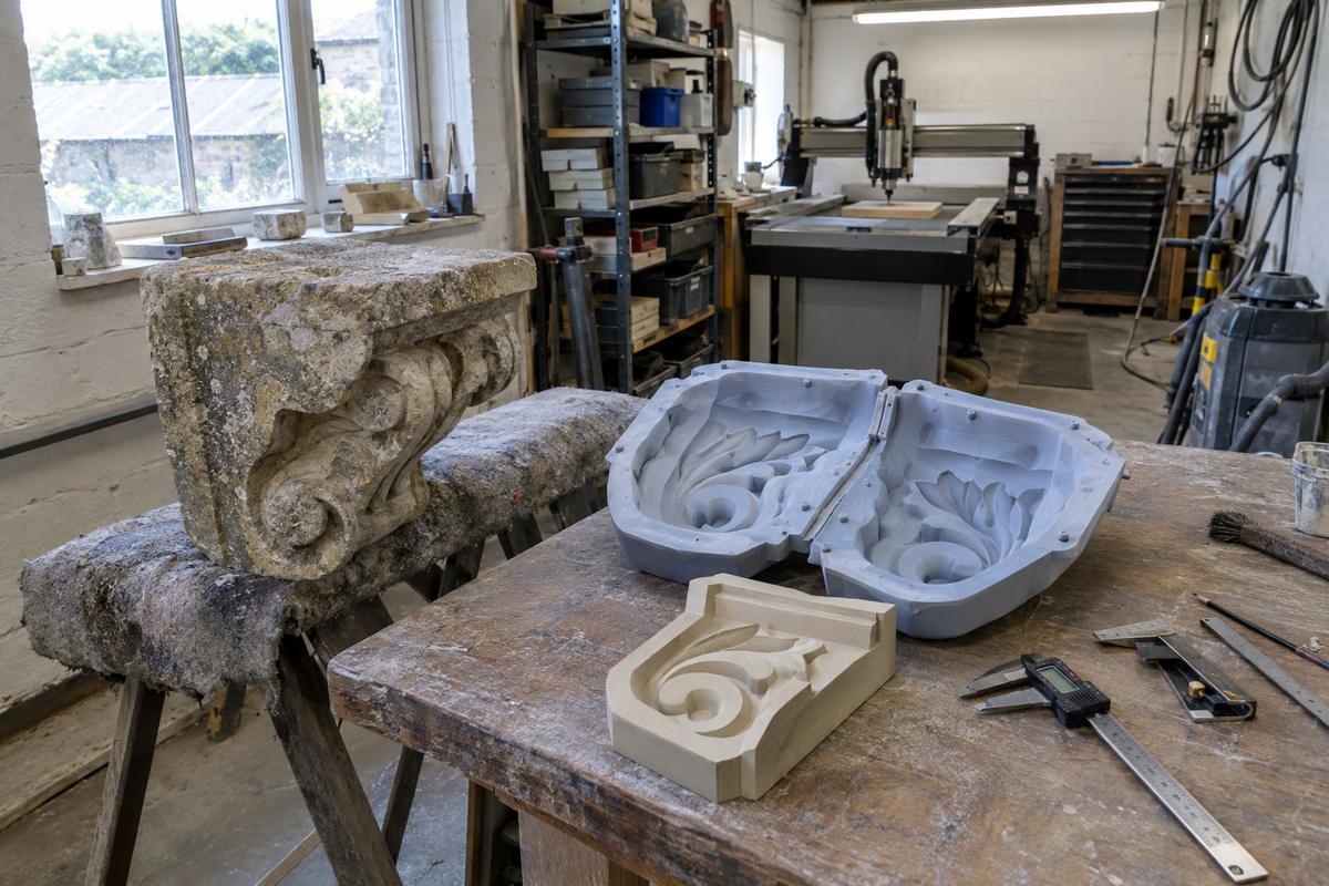 Stone corbel beside silicone surface impression and machined pattern blank