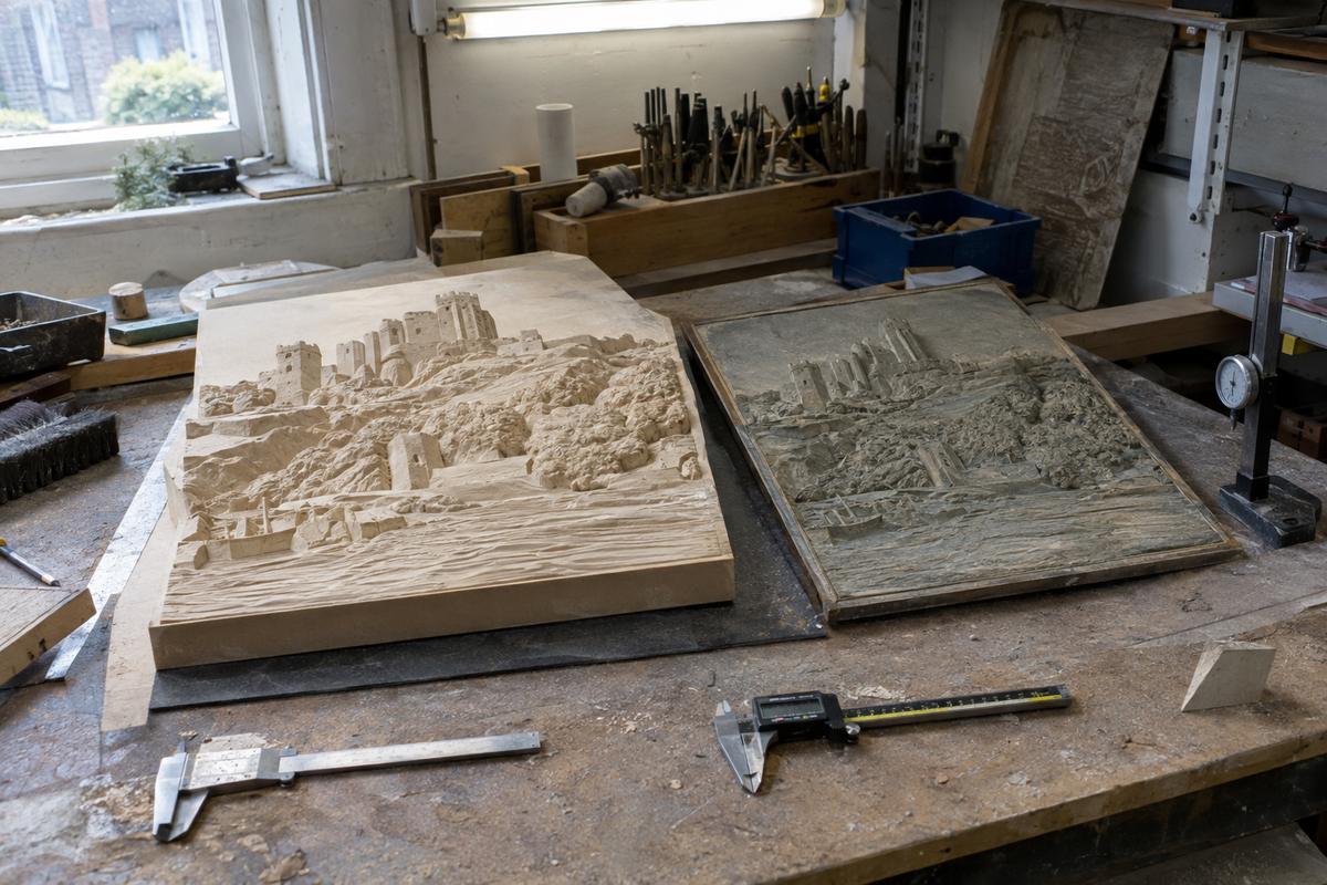 Relief maquette and sculpted sample panel on a workshop bench