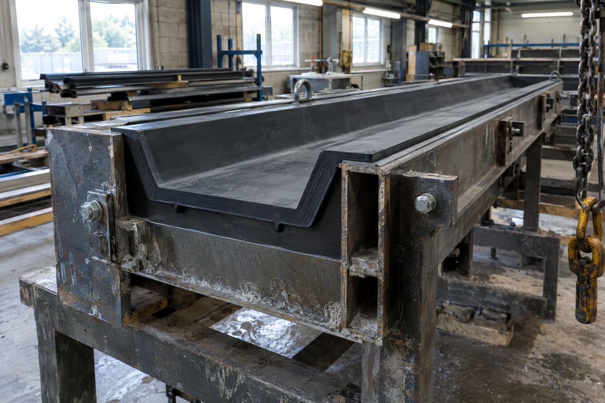 Steel beam mould fitted with elastomer liners and edge strips
