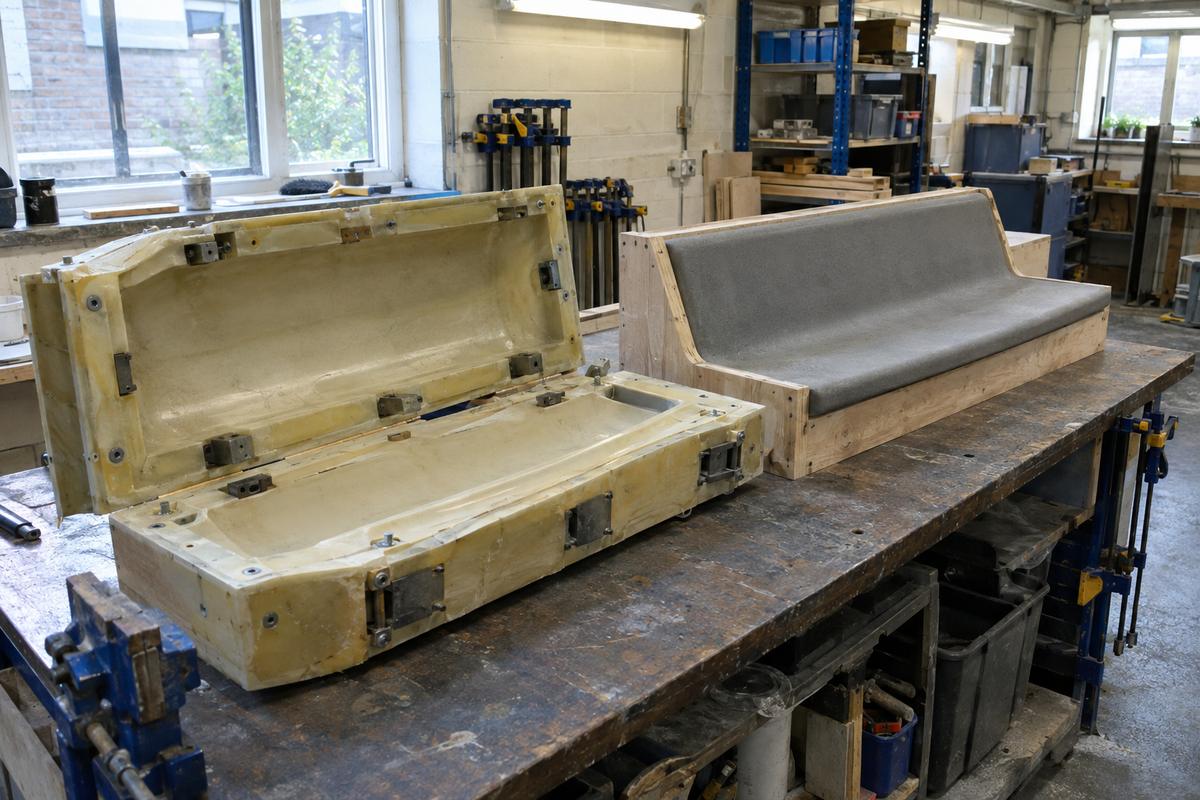 Split bench end mould and rigid-backed seat liner in case