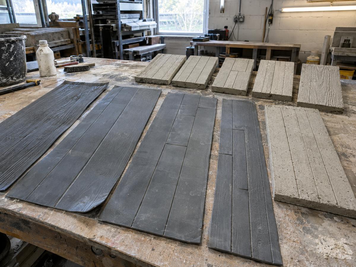 Board-mark liner samples beside concrete texture test panels