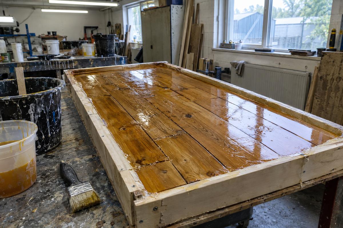Polyurethane board-mark formliner curing against a real timber plank pattern