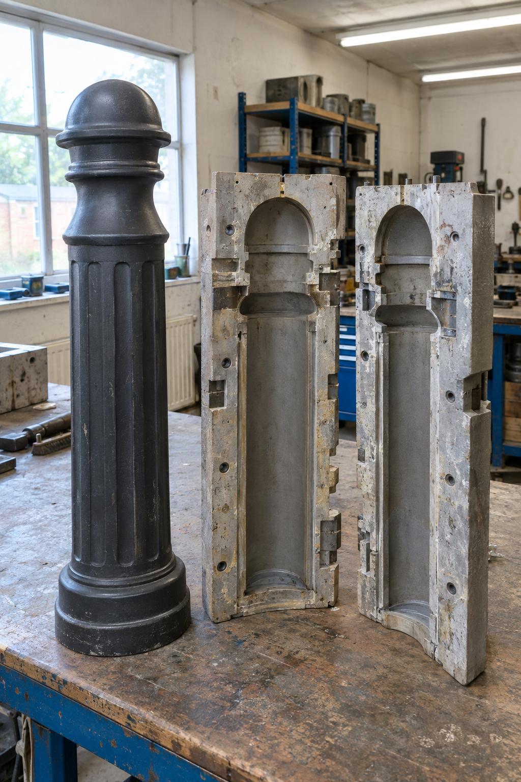 Split mould for a decorative bollard with seam around the shoulder