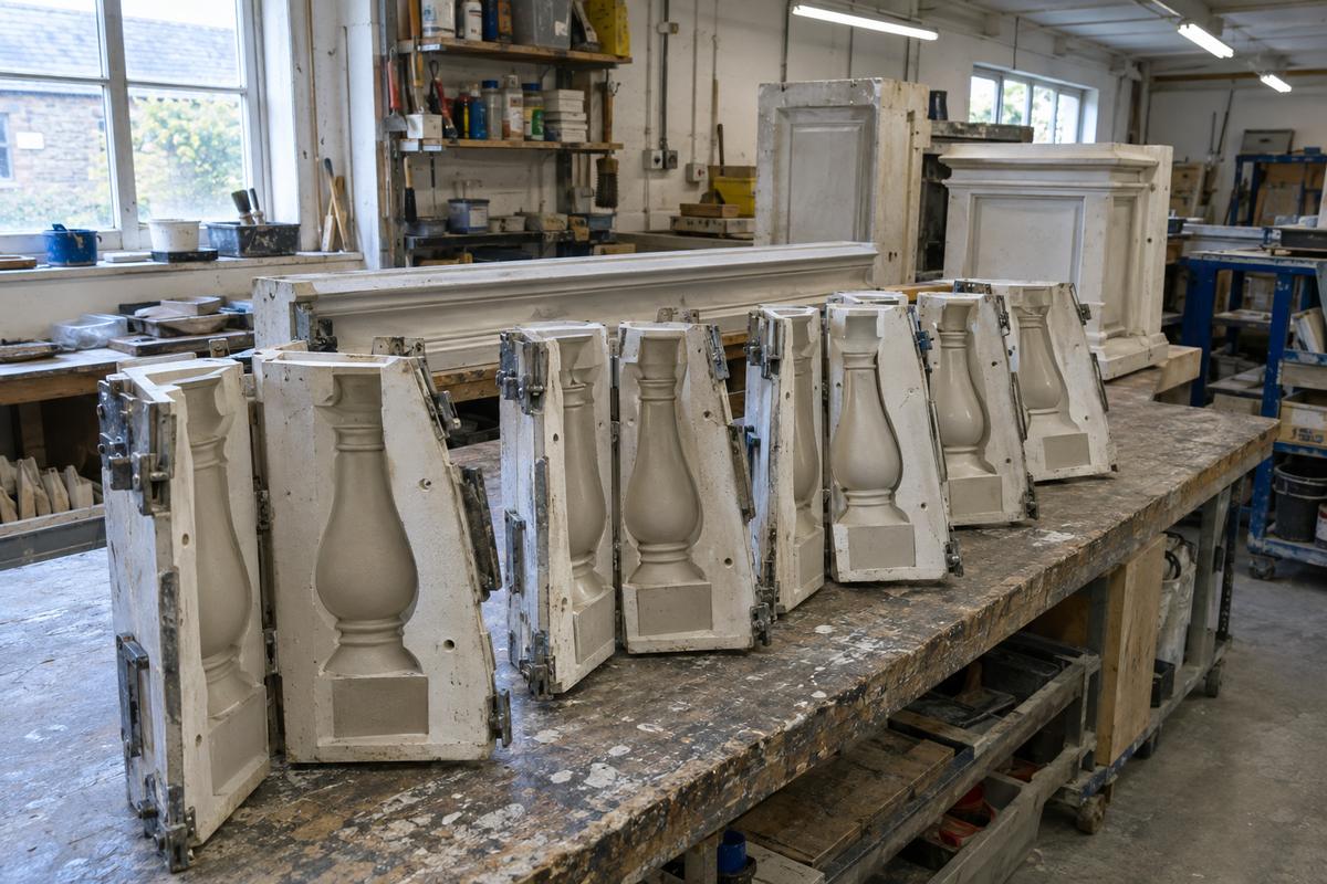Row of split baluster moulds set out for repeat casting