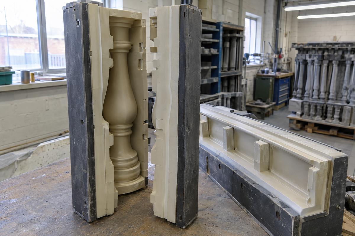 Keyed split baluster mould in rigid case beside rail mortice formers