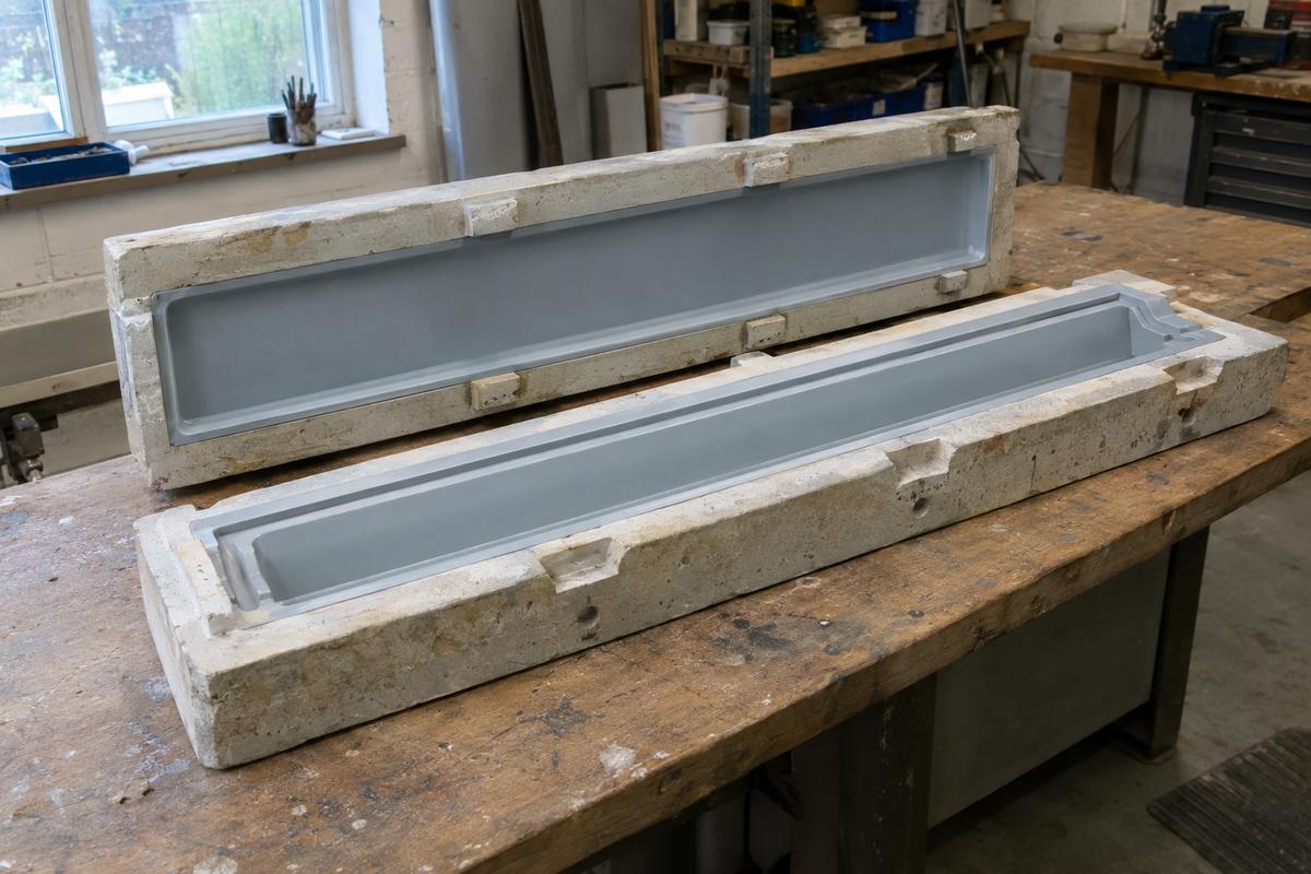 Multi-part cast stone mould with discreet split line for repeat runs