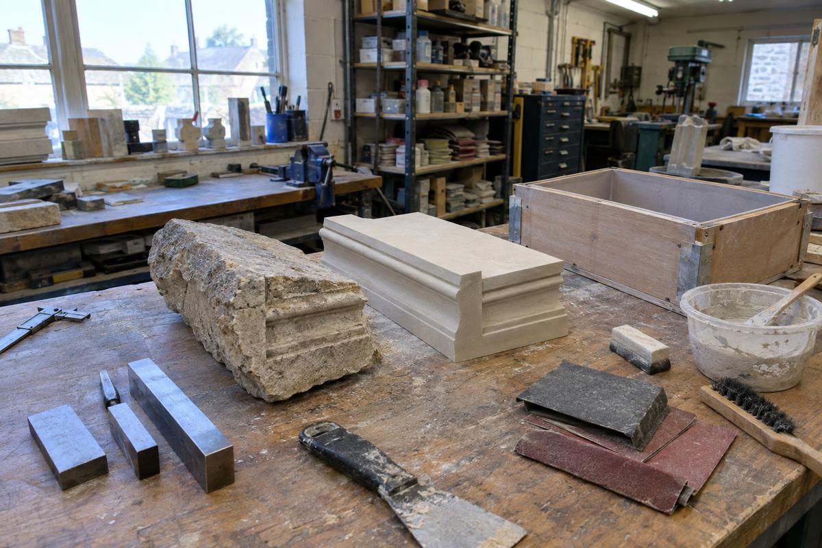 Original stone fragment beside a prepared pattern for heritage moulding