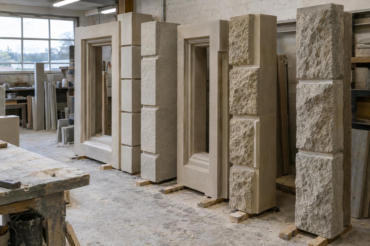 Cast stone quoin and surround samples showing different stone face textures