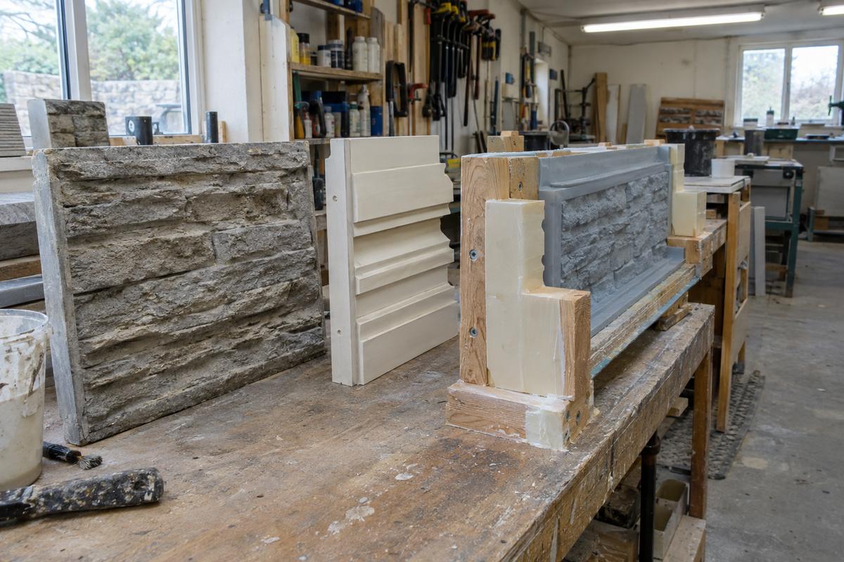 Stone texture impression and machined profile combined for a quoin mould