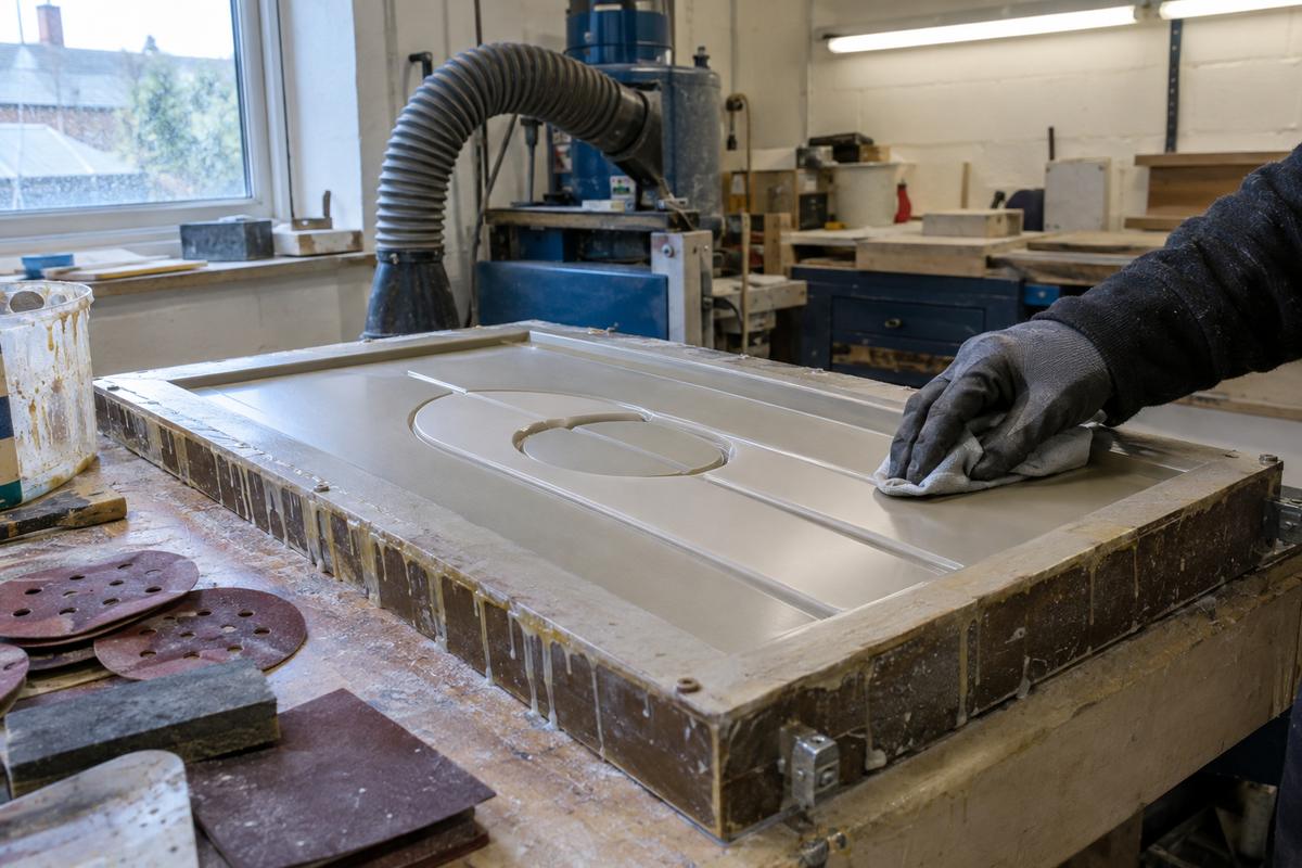 Gloved hand checking sealed machined pattern before mould casting