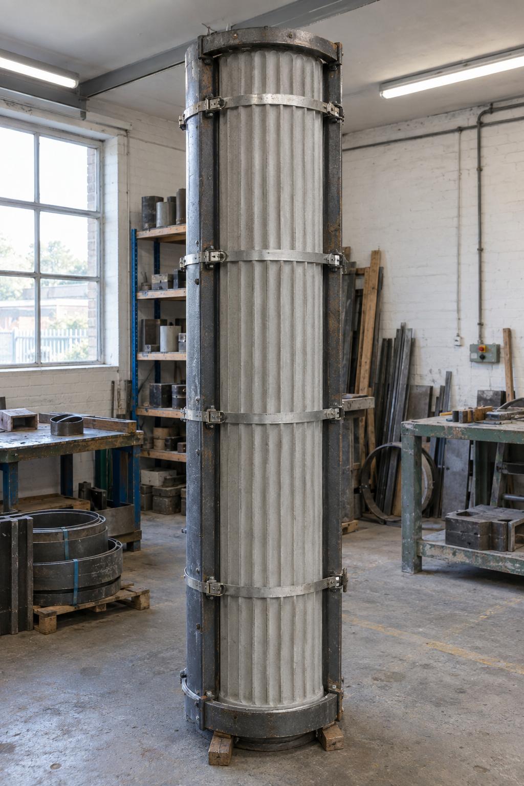 Closed fluted column mould in rigid jacket with seams on flute lines
