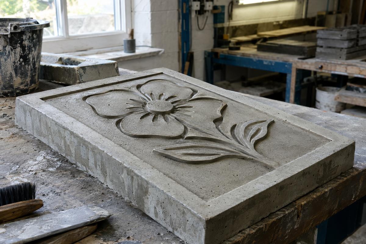 Cast concrete plaque sample showing crisp fine lettering detail