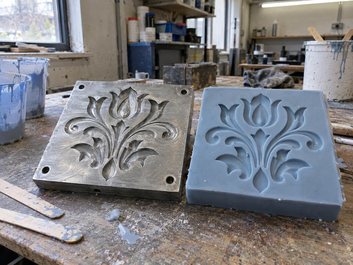 Machined lettering pattern beside matching flexible silicone mould