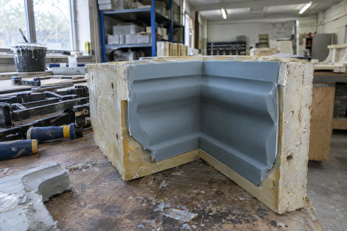 Close view of coping mould drip detail with flexible silicone insert