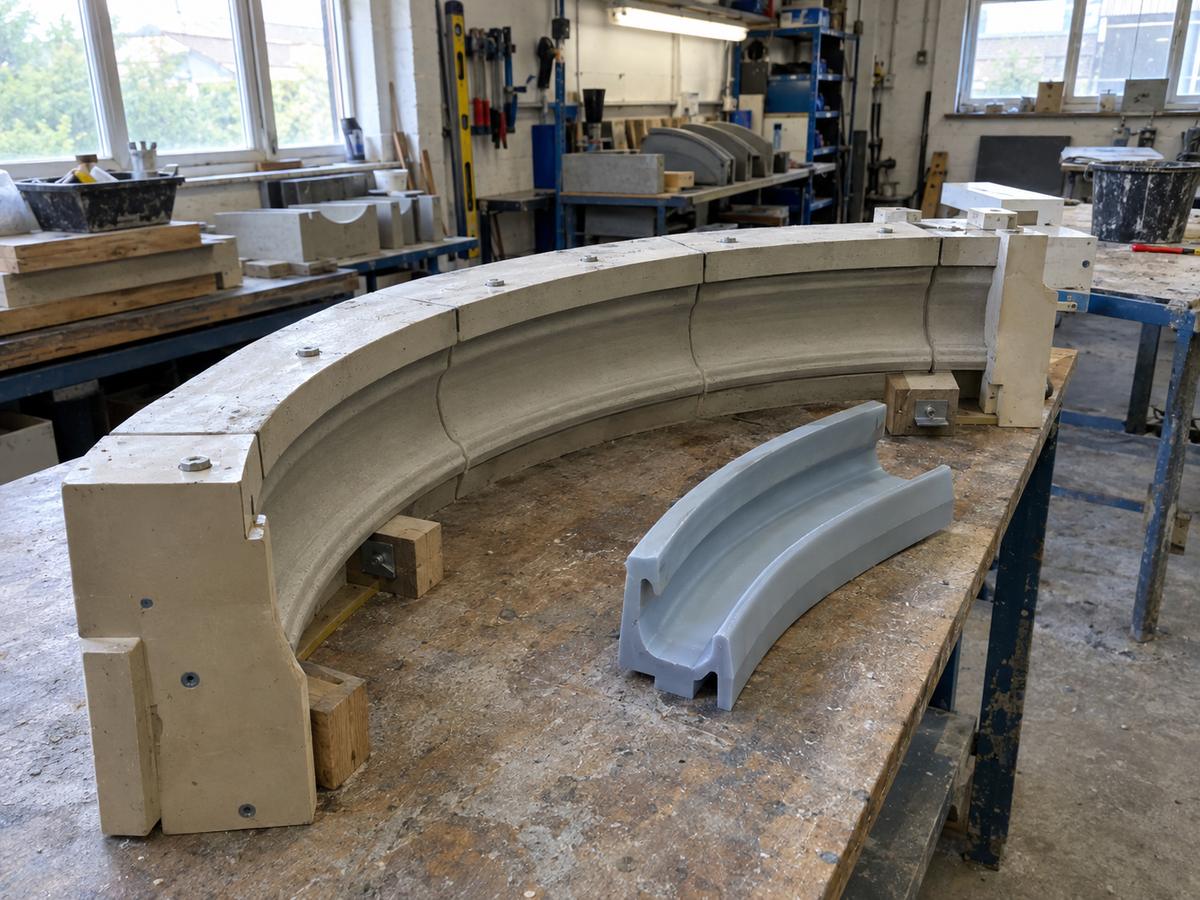 Curved coping mould sections with split silicone detail for undercut release