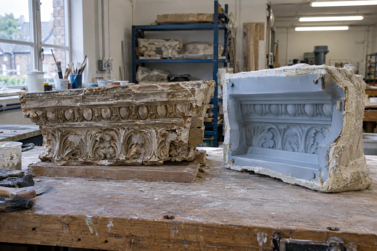Surviving cornice section beside silicone jacket mould and support shell