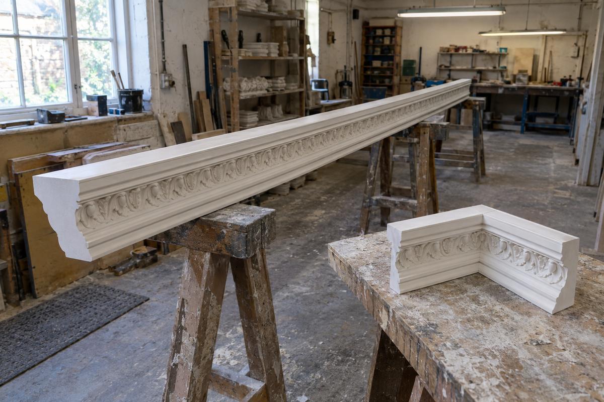 Straight cornice mould with matching corner return pattern beside it