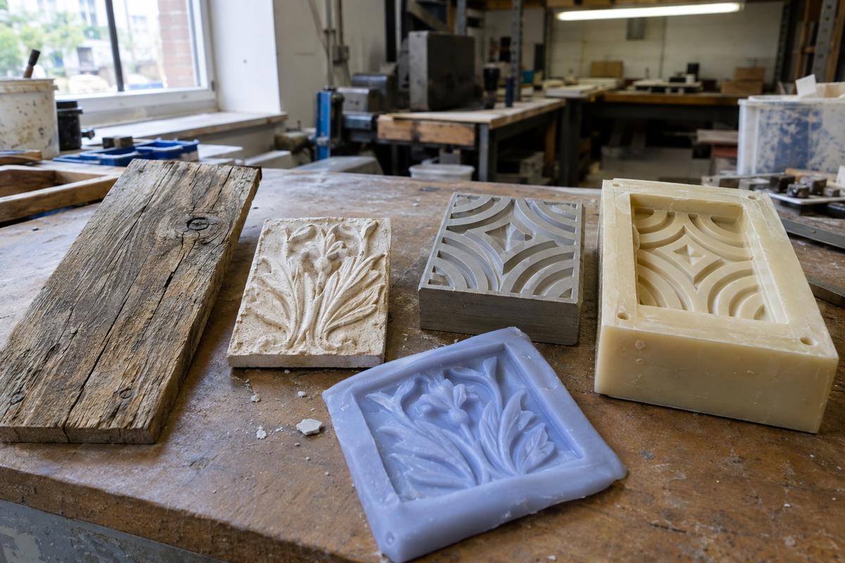 Texture samples with silicone and polyurethane moulds made from them