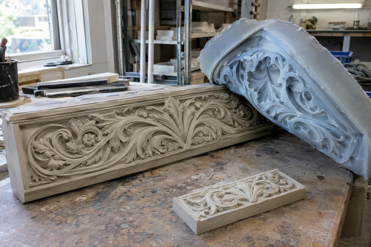Fine relief master with silicone mould peeled back from undercut detail