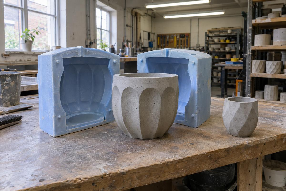 Two-part silicone mould for a decorative concrete planter on bench