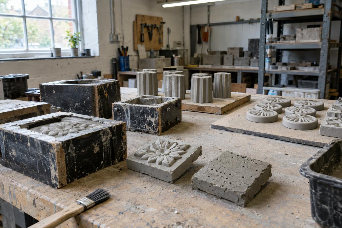 Decorative concrete casts and moulds showing dust and pinhole defects
