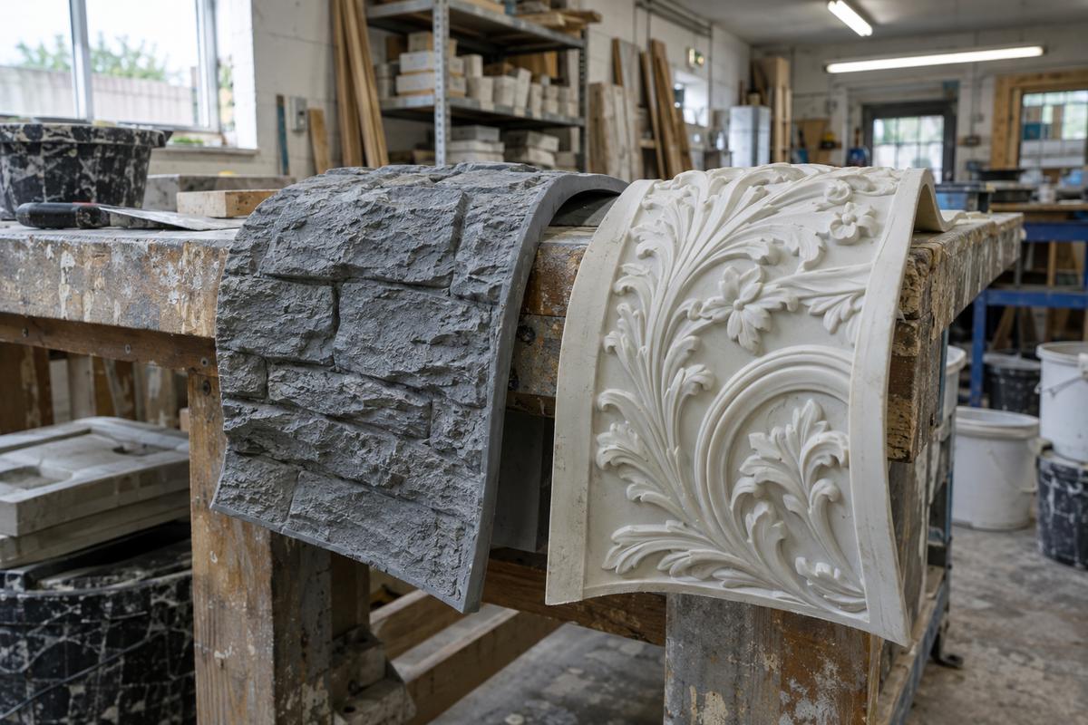 Flexible polyurethane and silicone formliner samples showing deep and fine relief