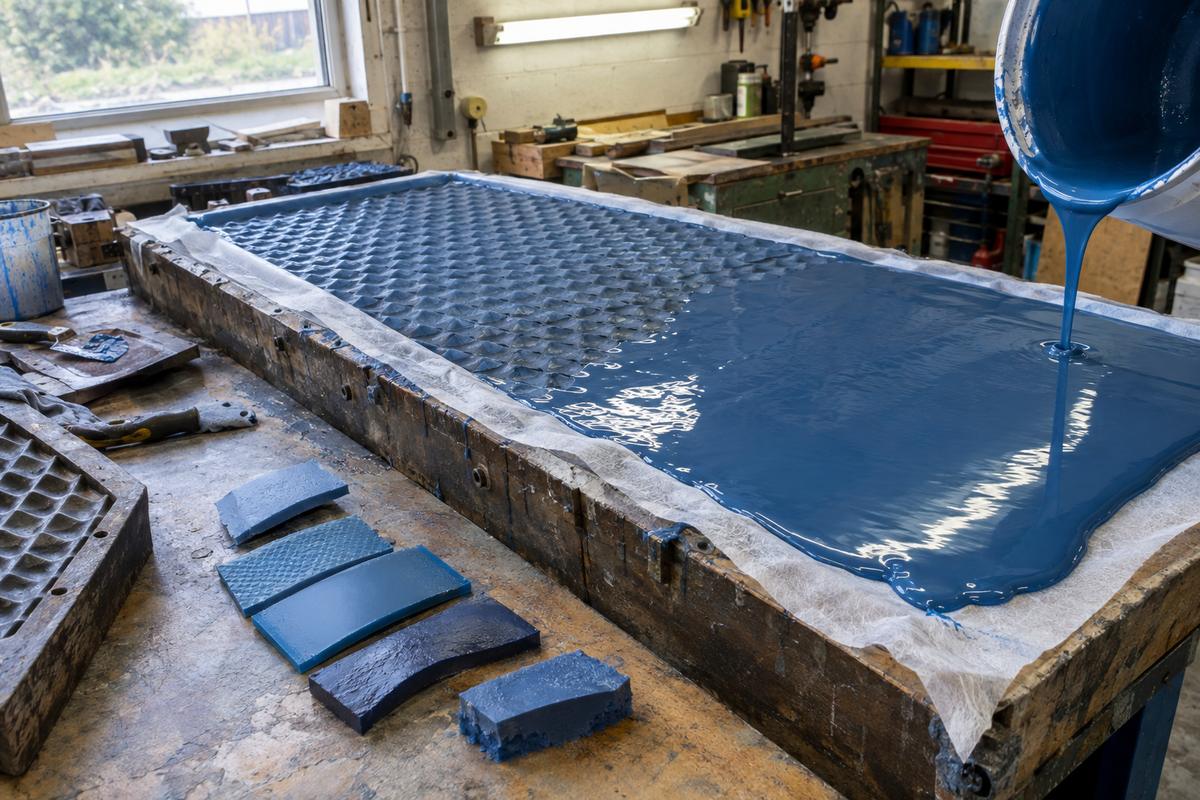 Freshly poured elastomeric liner on scrim over a textured master