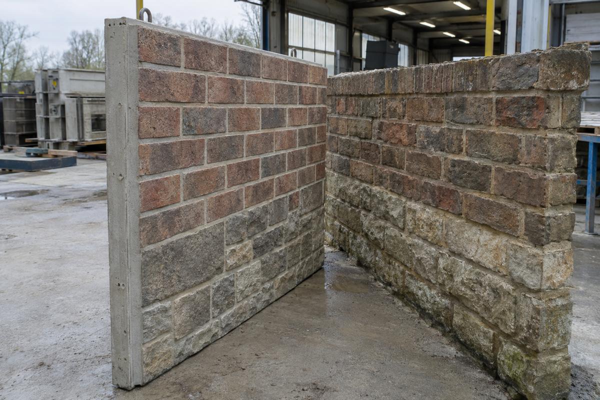 Precast faux masonry panel positioned beside a real masonry wall
