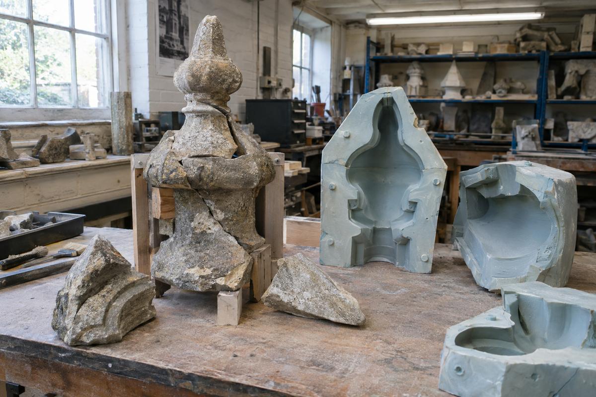Broken finial fragments and silicone mould sections for restoration work