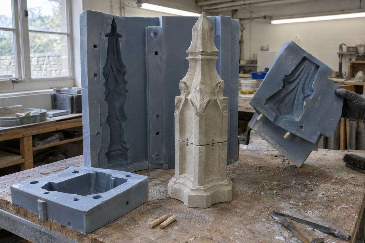 Multi-part silicone mould with arris splits and dowelled joint section