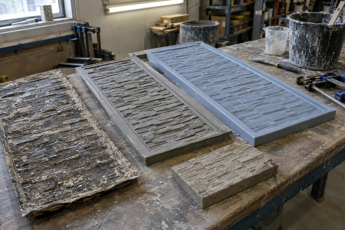 Old liner sample, restored pattern and new comparison cast on bench